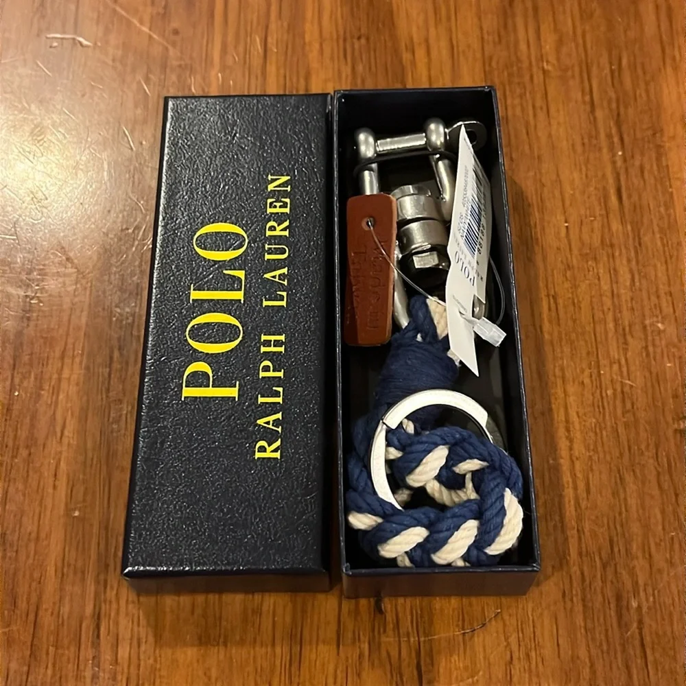Polo Ralph Lauren Nautical Keychain key chain FOB new blue white braided cotton